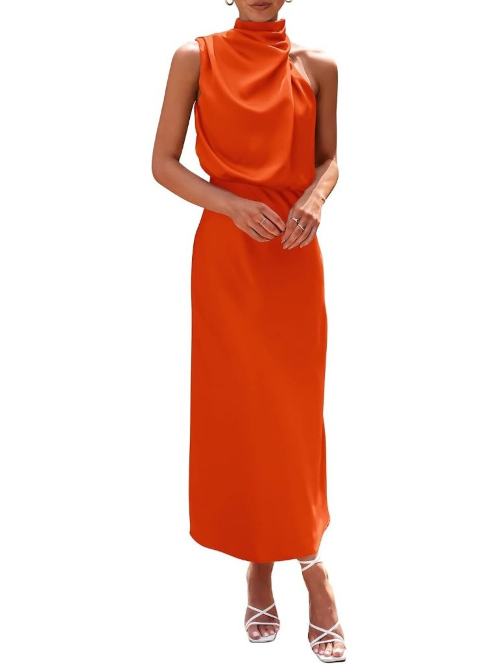Women's Orange Silk Fabric Sleeveless Mock Neck Satin Maxi Cocktail Party Dress